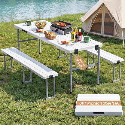 6' Picnic Table Set w/2 Benches 3-Piece 1-Case Camping Table Chair Set | HDPE Tree Pattern Top for Indoor or Outdoor Use Working Meeting Party, Camping, Picnic, Weddings With Handle Safety Locks