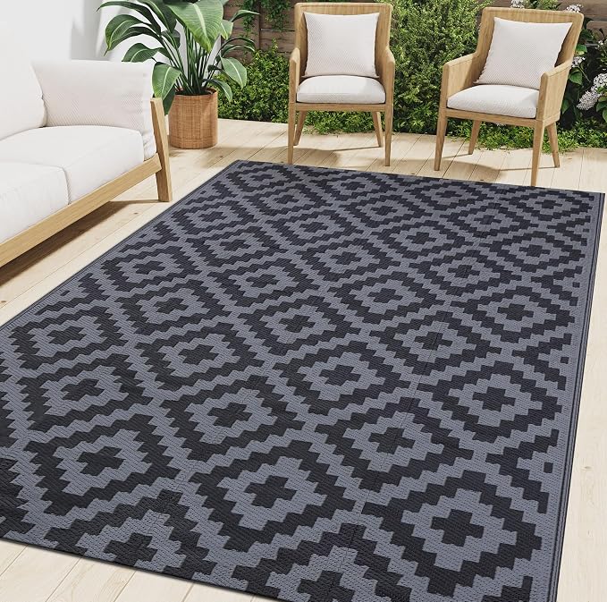 Smiry Outdoor Rug 9x12 ft Waterproof Reversible Boho Mat, Black & Grey | Polypropylene Plastic Straw, Quick Drying, Lightweight Foldable, for Patio, Deck, RV Camping, Backyard and Indoor Outdoor Use