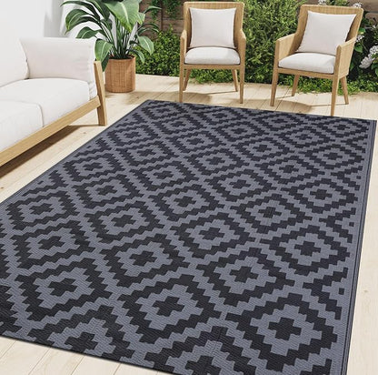 Smiry Outdoor Rug 9x12 ft Waterproof Reversible Boho Mat, Black & Grey | Polypropylene Plastic Straw, Quick Drying, Lightweight Foldable, for Patio, Deck, RV Camping, Backyard and Indoor Outdoor Use