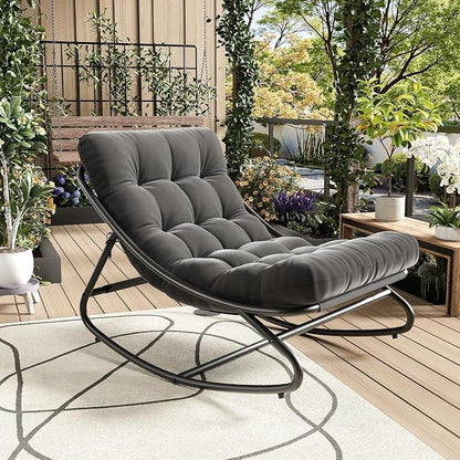Garvee Outdoor Papasan Rocking Chair, Oversized Metal Frame Egg Rocker with Thick Waterproof Cushion, 450 lbs, Comfy Lounge for Patio, Porch, Garden, Living Room, Dark Gray