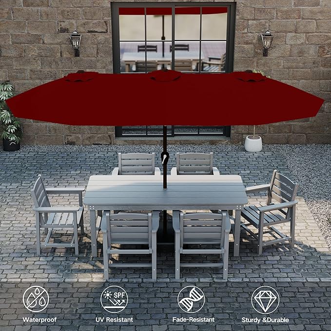 Kingdura 15ft Large Patio Umbrella with Solar Lights, Double-Sided Rectangle Outdoor Table Umbrella with Base Included, 12 Reinforced Ribs, 48 Led Lights, Crank Lift for Market Pool Deck, Dark red