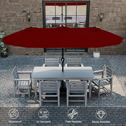 Kingdura 15ft Large Patio Umbrella with Solar Lights, Double-Sided Rectangle Outdoor Table Umbrella with Base Included, 12 Reinforced Ribs, 48 Led Lights, Crank Lift for Market Pool Deck, Dark red