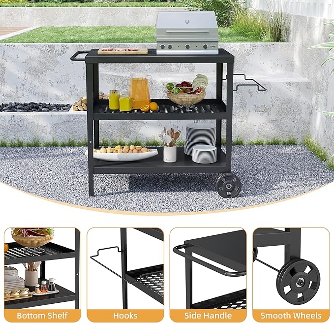 3-Tier Outdoor Grill Table, BBQ Prep Cart with Metal Top Storage Shelves, Rolling Grill Cart with Wheels, Tool Hooks & Gas Tank Holder, Iron Grill Side Table for Patio Backyard Outdoor Kitchen
