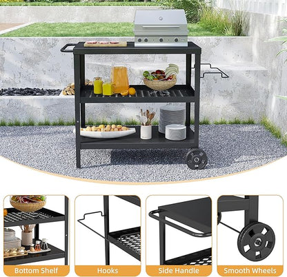 3-Tier Outdoor Grill Table, BBQ Prep Cart with Metal Top Storage Shelves, Rolling Grill Cart with Wheels, Tool Hooks & Gas Tank Holder, Iron Grill Side Table for Patio Backyard Outdoor Kitchen