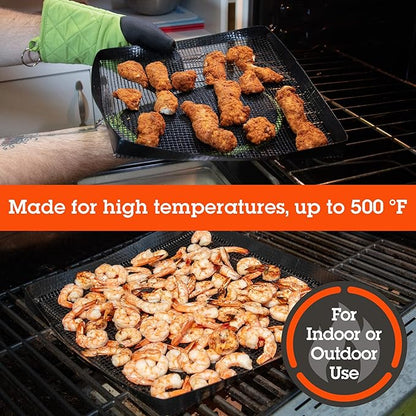 BBQ Grilling Mesh Basket 2 Pack (12"x12") Heavy Duty 100% Non Stick Reusable Grilling Basket for Indoor Cooking & Outdoor Barbecue Grilling - Raised Sides to Keep Food Inside - Great Father's Day Gift