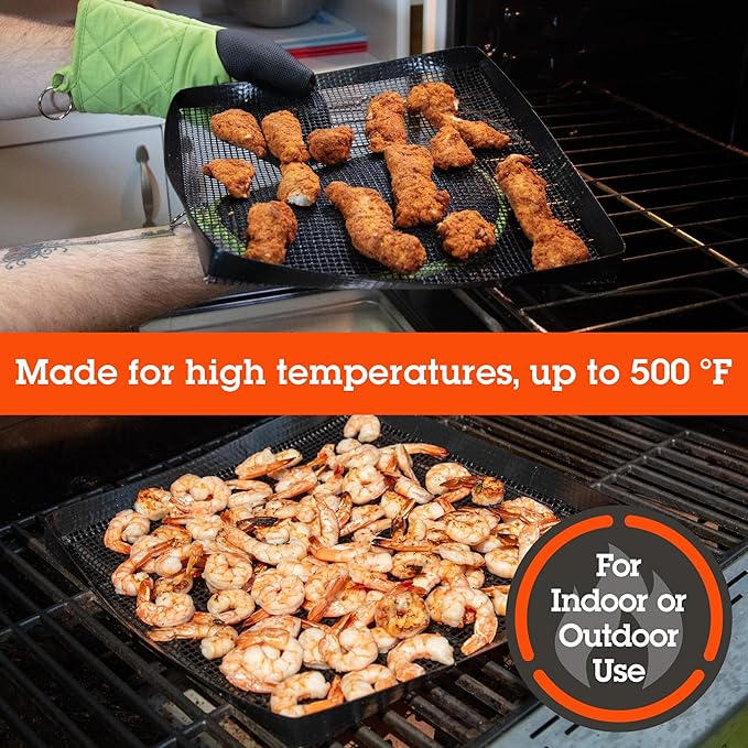 BBQ Grilling Mesh Basket (12x12")- Heavy Duty 100% Non Stick Reusable Grilling Basket for Indoor Cooking and Outdoor Barbecue Grilling - Raised Sides Keeps Food Inside- Father's Day Gift for Dad