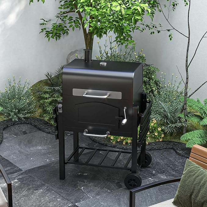 Charcoal BBQ Grill with Adjustable Height, Folding Side Shelves, Thermometer, Wheels & Storage Rack, Outdoor Barbecue Grill