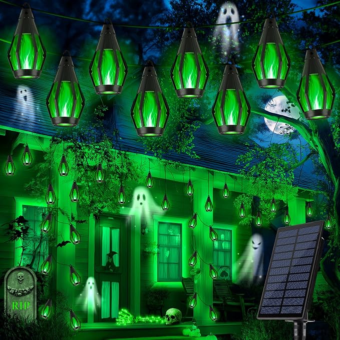 iBaycon 42FT 15 LED Solar Flame Halloween String Lights Outdoor, Green | Ultra-Real Flickering Flame Lamp Outdoor Waterproof, Solar Patio String Lights for Garden Yard Lawn Halloween Decorations