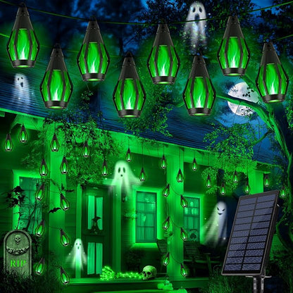 iBaycon 42FT 15 LED Solar Flame Halloween String Lights Outdoor, Green | Ultra-Real Flickering Flame Lamp Outdoor Waterproof, Solar Patio String Lights for Garden Yard Lawn Halloween Decorations