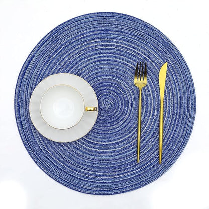 SHACOS Round Braided Placemats 15 inch Set of 4 Washable Cotton Polyester Braided Kitchen Table Placemats for Home Wedding Party (Blue White, 4)