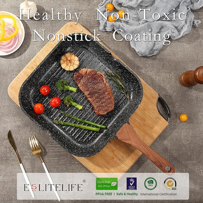 ESLITE LIFE Nonstick Grill Pan with Lid & Tongs for Stove Tops, 11 Inch Versatile Square Big Grilling Skillet Steak Pan with Pour Spouts for Indoor & Outdoor Cooking, PTFE & PFOA Free, Black
