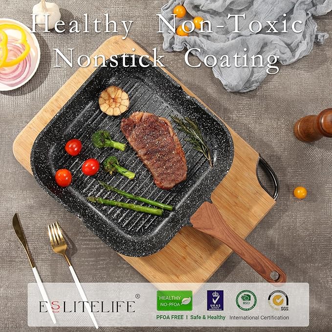 ESLITE LIFE Nonstick Grill Pan for Stove Tops, Versatile Griddle with Pour Spouts, 9.5 Inch Square Big Grilling Skillet Steak Pan for Indoor & Outdoor Cooking, PTFE & PFOA Free, Black