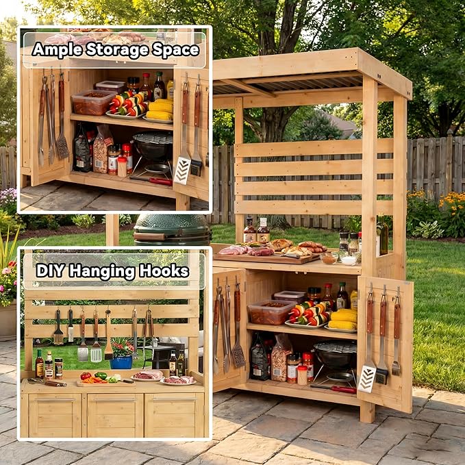 ECACAD Outdoor Kitchen Island with Canopy & Trash Can Cabinet, 6.7FT Cedar Wood Grill Bar Counter Table with Storage Cabinet & Shelves, Grill Pavilion for Patio Kitchen, Backyard, Garden, Natural