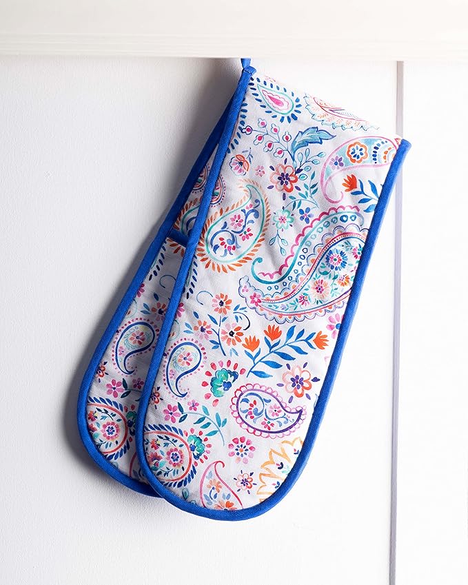 Maison d' Hermine Double Oven Mitts 100% Cotton 7"x35" Double Oven Mitt Heat Resistant BBQ Cooking Gloves with Loop Baking Grilling Kitchen Hotel Home Farmhouse Spring Summer (Indian Floral)