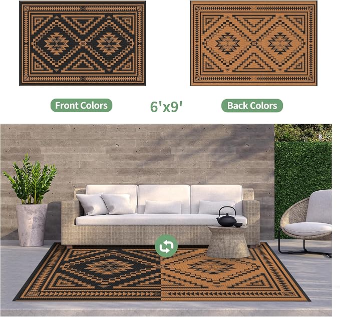 GENIMO Outdoor Rug, Waterproof Plastic Rugs for Patio, 6'x9' Onyx Orange | Outside Larger Modern Carpet Mat for Porch Decor, Deck, Balcony, Camping, RV, Backyard, Picnic, Beach, Reversible, Foldable