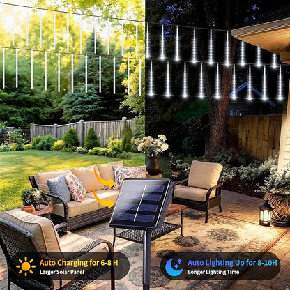 Solar Meteor Shower Lights, Solar Christmas Lights 16 Tubes 384 LEDs (Equivalent to 2 Sets of 8-Tube), Outdoor Waterproof Icicle String Light, LED Rain Drop Light for Tree Garden Decor (Cool White)