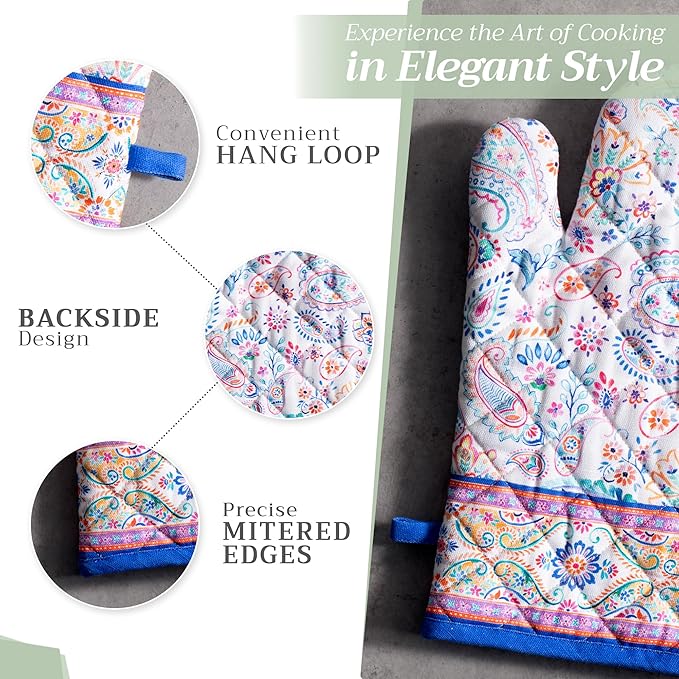 Maison d' Hermine 100% Cotton Oven Mitt & Pot Holder Set (7.5"x13" & 8"x8") Heat Resistant BBQ Cooking Gloves with Loop Baking Grilling Kitchen Hotel Home Farmhouse Spring Summer (Indian Floral)