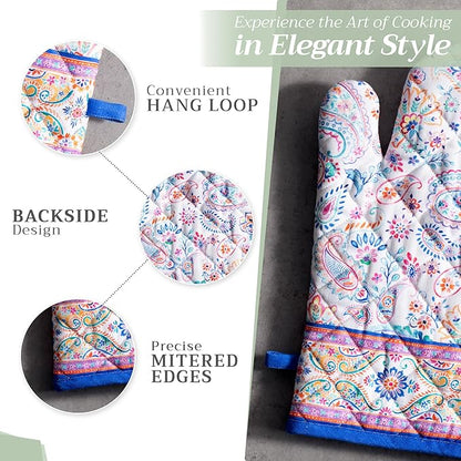 Maison d' Hermine 100% Cotton Oven Mitt & Pot Holder Set (7.5"x13" & 8"x8") Heat Resistant BBQ Cooking Gloves with Loop Baking Grilling Kitchen Hotel Home Farmhouse Spring Summer (Indian Floral)