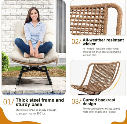Shintenchi Outdoor Rattan Swivel Chair,Nature Wicker Patio Rotating Chair with Beige Thickened Cushion and Side Pocket,360° Rotation Patio Lounge Chairs for Living Room Bedroom Backyard Balcony
