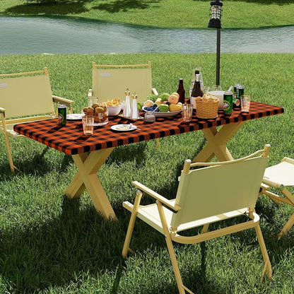 Smiry Picnic Table Cloth 2 Pack, Waterproof Elastic Fitted Tablecloths for 6FT Rectangle Tables, Washable Polyester Buffalo Plaid Tablecloth for Camping, Dining & Outdoor (Black & Orange, 30" x 72")