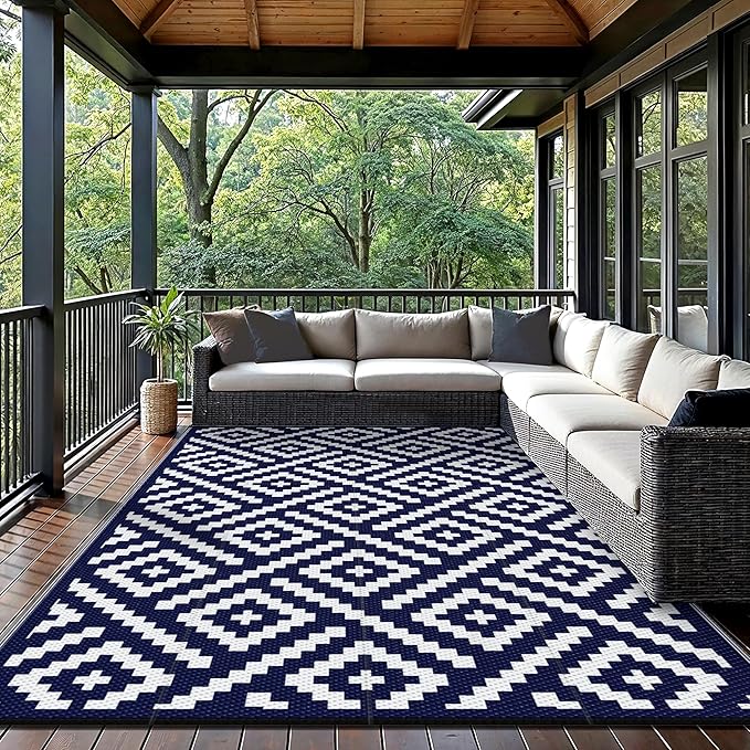 GENIMO Outdoor Rug, Waterproof Plastic Rugs for Patio, 8'x10' Blue White | Outside Larger Modern Carpet Mat for Porch Decor, Deck, Balcony, Camping, RV, Backyard, Picnic, Beach, Reversible, Foldable