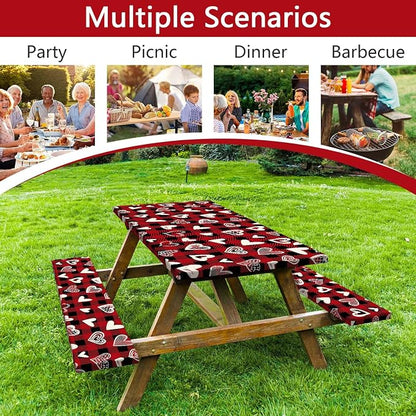 Valentines Day Picnic Table Cover with Bench Covers, Camping Essentials, Heart Buffalo Plaid Outdoor Table Covers, Waterproof Windproof, Fitted Tablecloth Cover with Elastic Edge, 3 PCS, 30x60 Inch