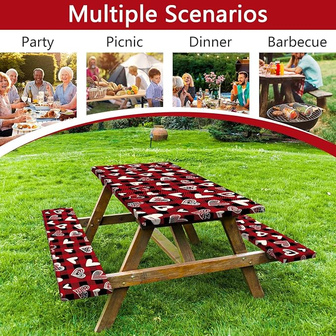 Valentines Day Picnic Table Cover with Bench Covers, Camping Essentials, Heart Buffalo Plaid Outdoor Table Covers, Waterproof Windproof, Fitted Tablecloth Cover with Elastic Edge, 3 PCS, 30x72 Inch