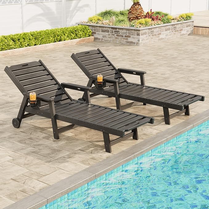 Garvee Lounge Chair Outdoor Set of 2 with Wheels & 5-Position Adjustable Backrest, Oversized Chaise Lounge with 2 Move Handle, HDPE Lounge Chair w/Detachable Cup Holder, for Patio, Pool,Dark Gray