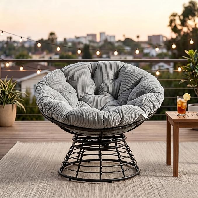 Cushion Papasan Swivel Chair, Ergonomic Wicker Round Chair with Thick Padding, Oversized Swivel Wicker Accent Chairs for Living Room, Bedroom, Reading Room, Balcony, Brown Frame, Gray
