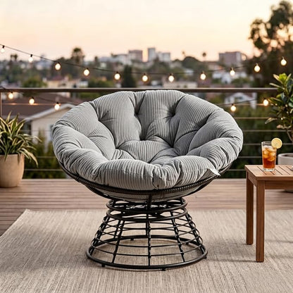 Cushion Papasan Swivel Chair, Ergonomic Wicker Round Chair with Thick Padding, Oversized Swivel Wicker Accent Chairs for Living Room, Bedroom, Reading Room, Balcony, Brown Frame, Gray