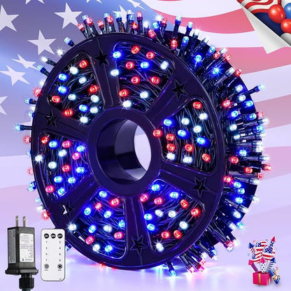 JMEXSUSS 400 LED Red White and Blue Lights Plug in | 4th of July Decorations Patriotic Lights Outdoor for American Holiday Tree Party Independence Memorial Day Decor