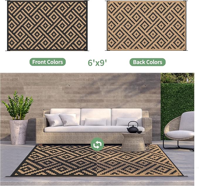 GENIMO Outdoor Rug, Waterproof Plastic Rugs for Patio, 6'x9' Black Brown | Outside Larger Modern Carpet Mat for Porch Decor, Deck, Balcony, Camping, RV, Backyard, Picnic, Beach, Reversible, Foldable