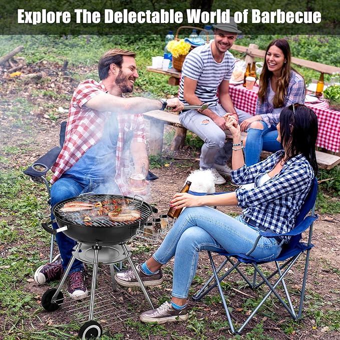 21.5" BBQ Grill with Wheels& Thickened Grid, Portable Enamel Outdoor Woodfire Charcoal Grill with Lid, Storage Shelf, Removable Ash Catcher for Camping, Travel, Tailgating & Backyard Cooking