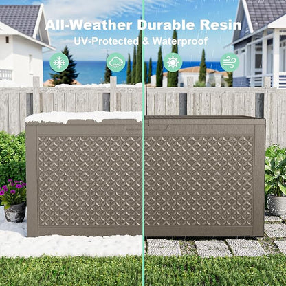 121 Gallon Outdoor Storage Box, New Classic Deck Box with Hydraulic Lid, Durable Waterproof Resin Storage Bin for Patio Furniture, Garden Tools, Cushions, Pool Accessories, Grey