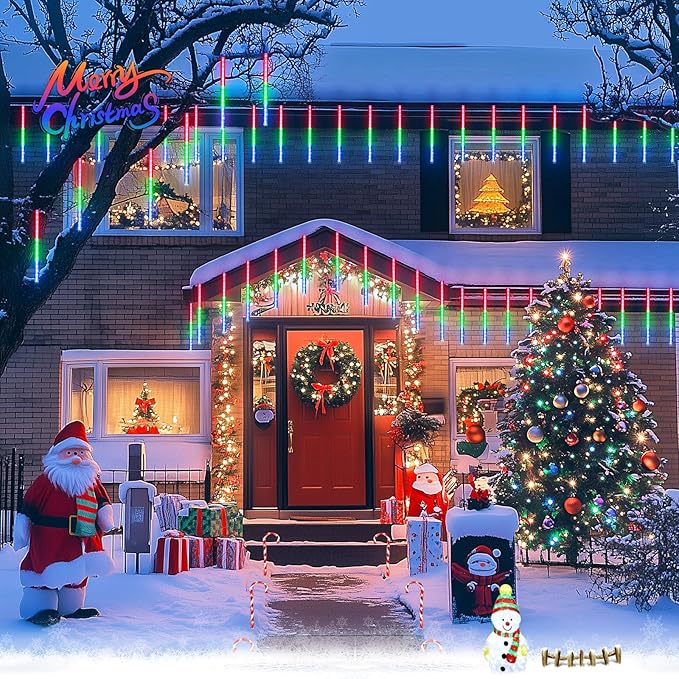 JMEXSUSS Solar Meteor Shower Rain Lights, 8 Tube 144 LEDs Multicolor Solar Christmas Lights, Led Falling Rain Christmas Light for Xmas Tree Wedding Holiday Party Patio Decoration