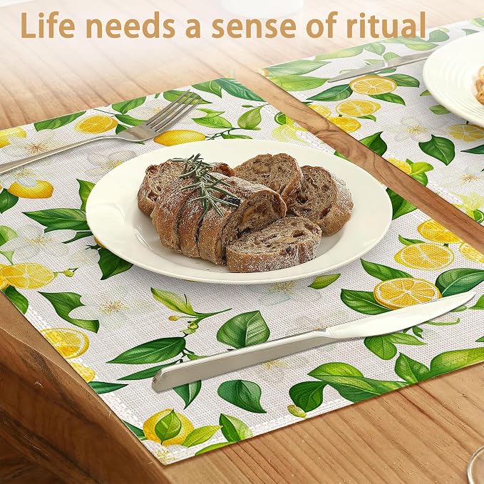 Placemats12x18 Inch,Lemons Flower Placemats,Green Leaf Kitchen Dining Coffee Table Mats Set of 6 for Home Indoor Outdoor Party