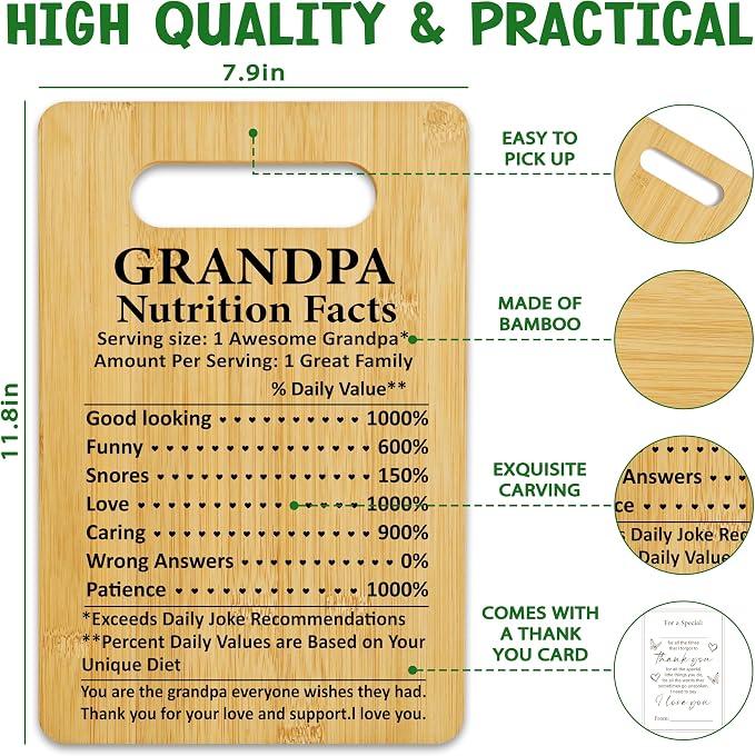 Best Grandpa Gifts from Granddaughter Grandson, Nutrition Facts Bamboo Cutting Board, Charcuterie Board for Kitchen Decor, Birthday Gift For Grandfather -10