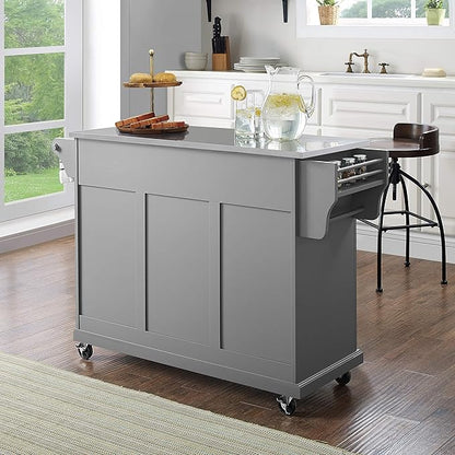 Crosley Furniture Full Size Stainless Steel Rolling Kitchen Island Storage Cart, Microwave Stand, Spice Rack, Gray