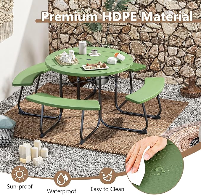 COSTWAY Round Picnic Table with Umbrella Hole, Outdoor Picnic Table with Bench Set for 4-8 People, HDPE Tabletop, Patio Dining Furniture Set for Family Gatherings, BBQ Party, Backyard (Green)