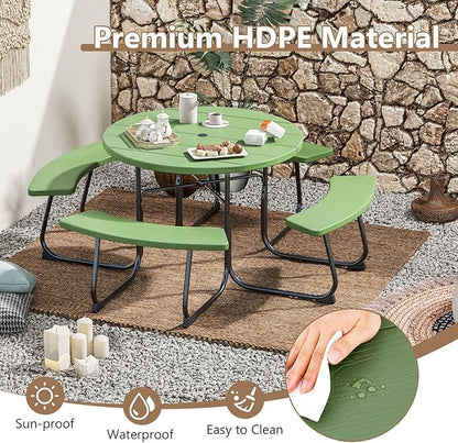 COSTWAY Round Picnic Table with Umbrella Hole, Outdoor Picnic Table with Bench Set for 4-8 People, HDPE Tabletop, Patio Dining Furniture Set for Family Gatherings, BBQ Party, Backyard (Green)