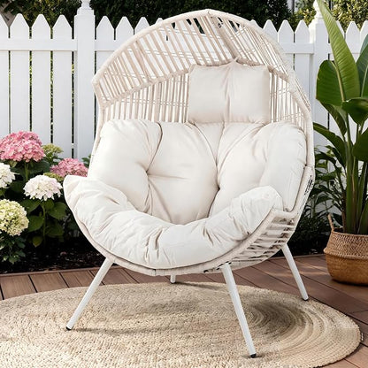 Shintenchi Wicker Egg Chair Outdoor Rattan Patio Chair with Cushion, Oversized Patio Lounge Chairs Egg Basket Chair, Egg Seat for Indoor Living Room Bedroom Outside Patio Backyard Balcony, White