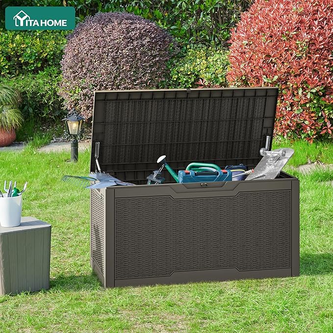 YITAHOME 100 Gallon Large Resin Deck Box Outdoor Storage Boxes for Patio Furniture, Outdoor Cushions, Garden Tools and Pool Supplies-Waterproof,Lockable (Taupe)
