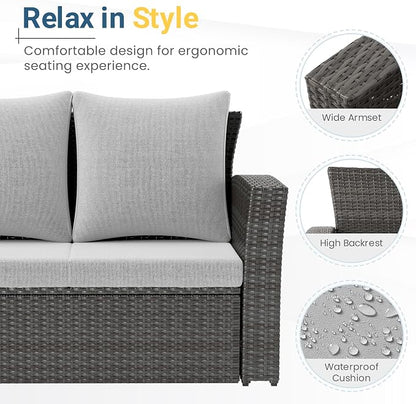 Wisteria Lane All Weather Wicker Patio Couch, 3 Seats Patio Sofa with Thick Cushions, Outdoor Furniture Couch with High Back, Outdoor Patio Sofa for Garden, Backyard, Porch, Grey