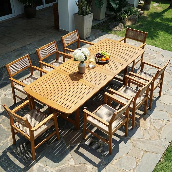 Acacia 9 Piece Outdoor Dining Set Extendable 63""-95"" L Table with Umbrella Hole & 8 Handwoven Chairs - All-Weather Use, Easy Assembly Patio Furniture Set for Deck, Garden - Natural (Set for 6-8)