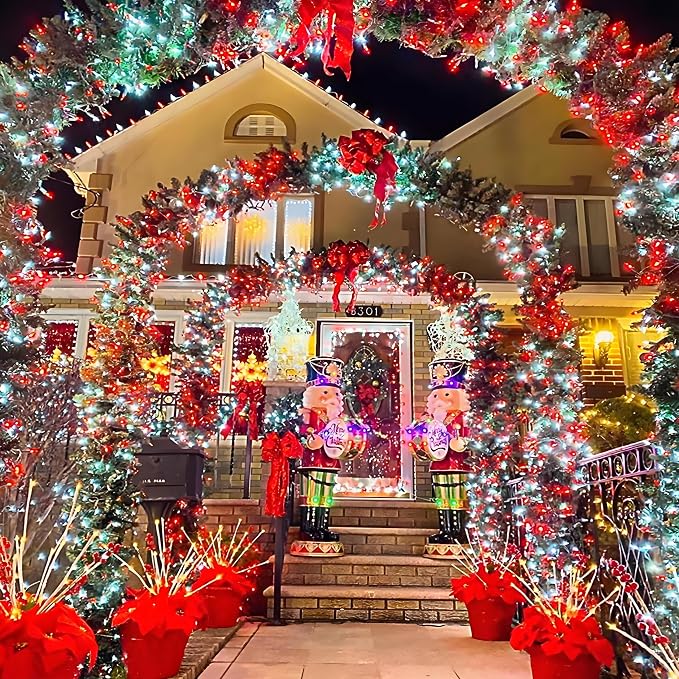 Solar Christmas Lights Outdoor 2 Pack 200 LED 66FT String Lights Red White | 8 Lighting Modes, Memory Function, Auto On/Off, IP65 Waterproof Twinkle Lights for Outside Tree Roof Fence Window Decorations