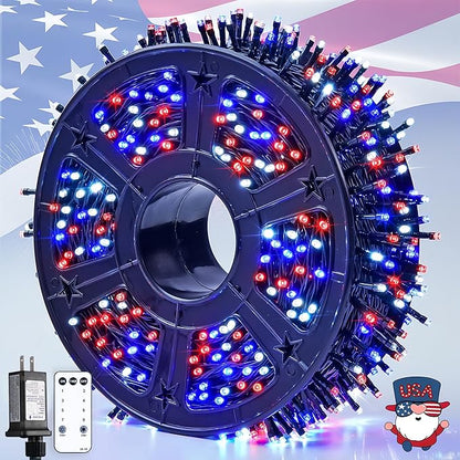 JMEXSUSS 1000 LED 328ft Red White and Blue Lights Plug in, Patriotic Lights Outdoor Waterproof for 4th of July Decorations Yard Patio Memorial Day