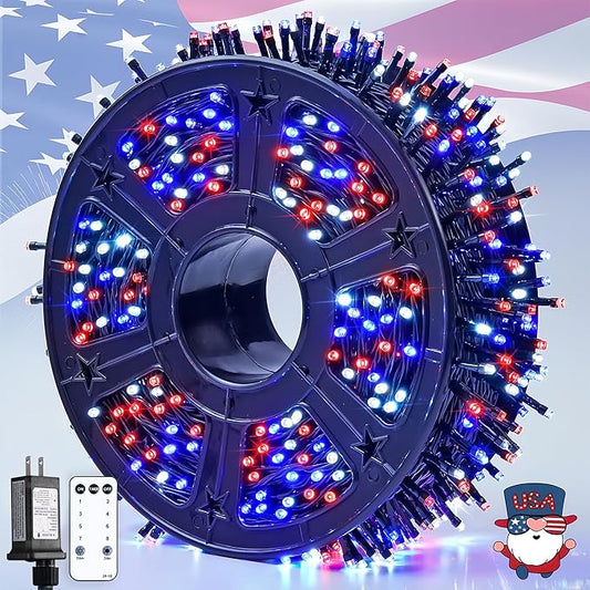 JMEXSUSS 1000 LED 328ft Red White and Blue Lights Plug in, Patriotic Lights Outdoor Waterproof for 4th of July Decorations Yard Patio Memorial Day
