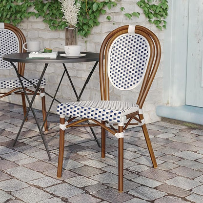 Flash Furniture Lourdes Indoor/Outdoor Commercial Thonet Bistro Stack Chair - White/Navy PE Rattan Back and Seat - Natural Bamboo Print Metal Frame