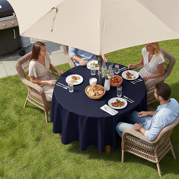 LUSHVIDA Round Outdoor Tablecloth with Umbrella Hole and Zipper, 70 Inch Navy, Washable Waterproof Table Cloth Spill Proof Wrinkle Free Table Cover for Patio Spring Summer Picnic BBQS