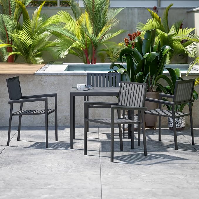 Flash Furniture Poly Resin Indoor/Outdoor Seating, Black, 5-Piece Set | Table and 4 Chairs, Commercial Grade, Indoor/Outdoor Use